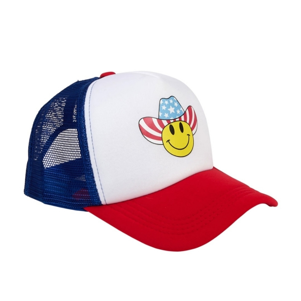 NEW USA Patriotic Smiley Face Cowboy Hat Snap Back Trucker Cap Hat Unisex